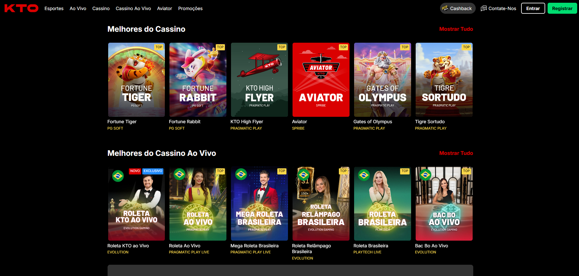 Interface do Cassino KTO mostrando Fortune Tiger e outros jogos